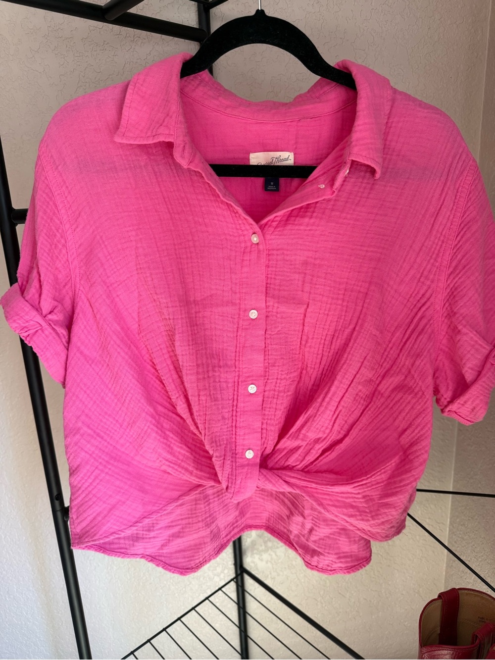 Pink Button-Front Short Sleeve Top - Lightweight Women's Shirt